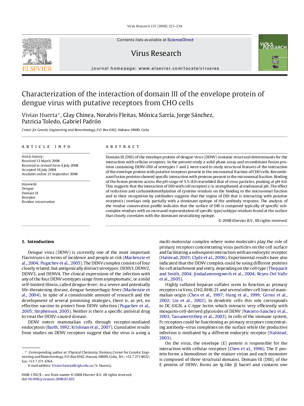 Characterization of the interaction of domain III of the envelope protein of dengue virus with putative receptors from CHO cells