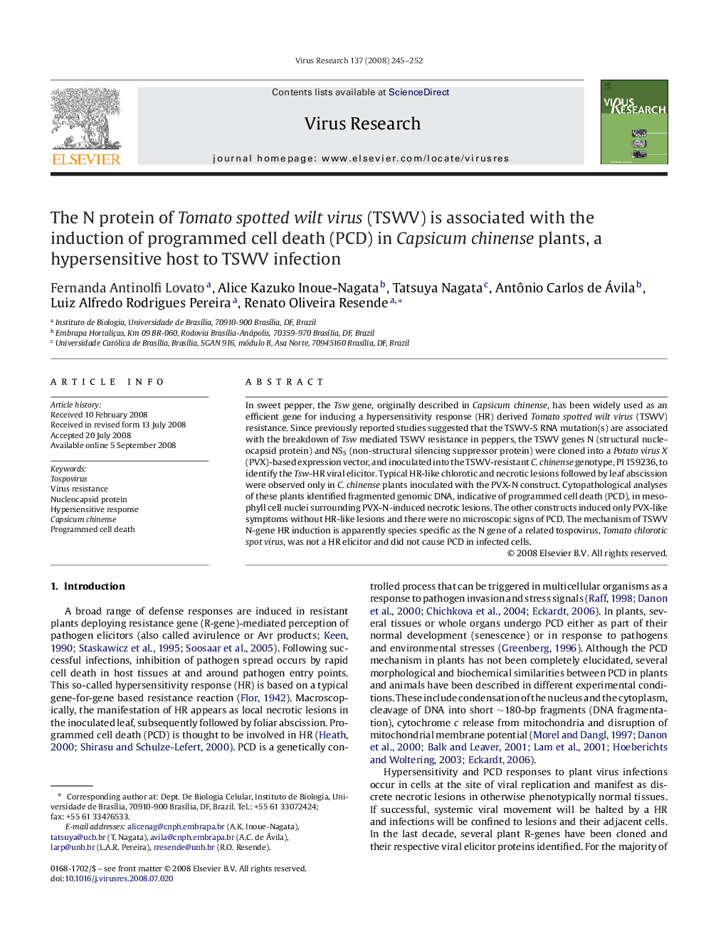 The N protein of Tomato spotted wilt virus (TSWV) is associated with the induction of programmed cell death (PCD) in Capsicum chinense plants, a hypersensitive host to TSWV infection