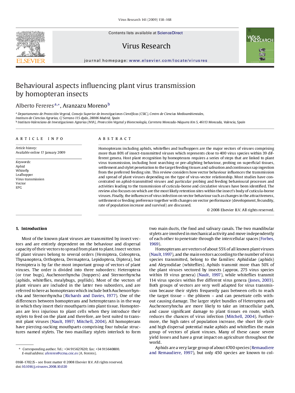 Behavioural aspects influencing plant virus transmission by homopteran insects