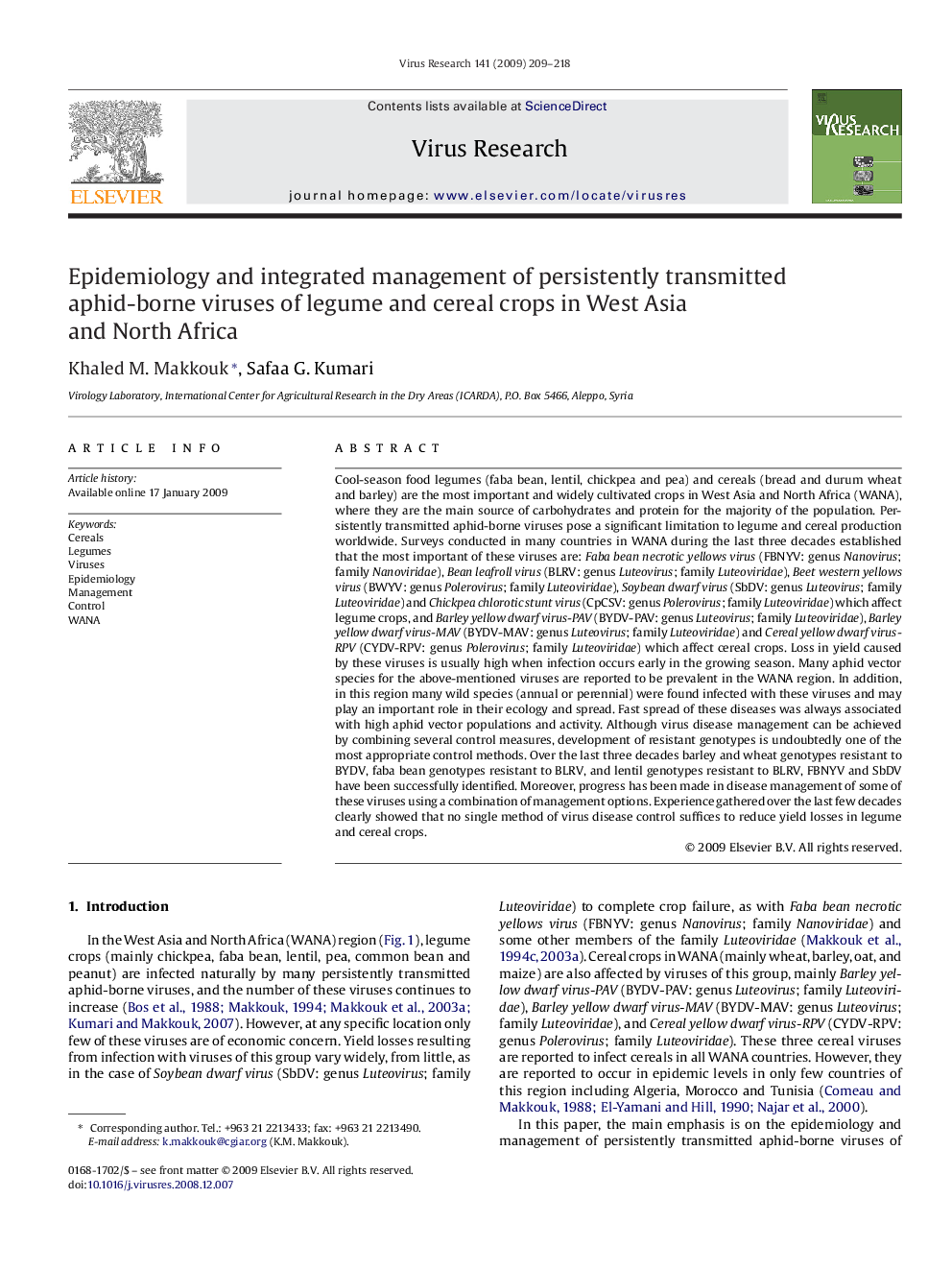 Epidemiology and integrated management of persistently transmitted aphid-borne viruses of legume and cereal crops in West Asia and North Africa