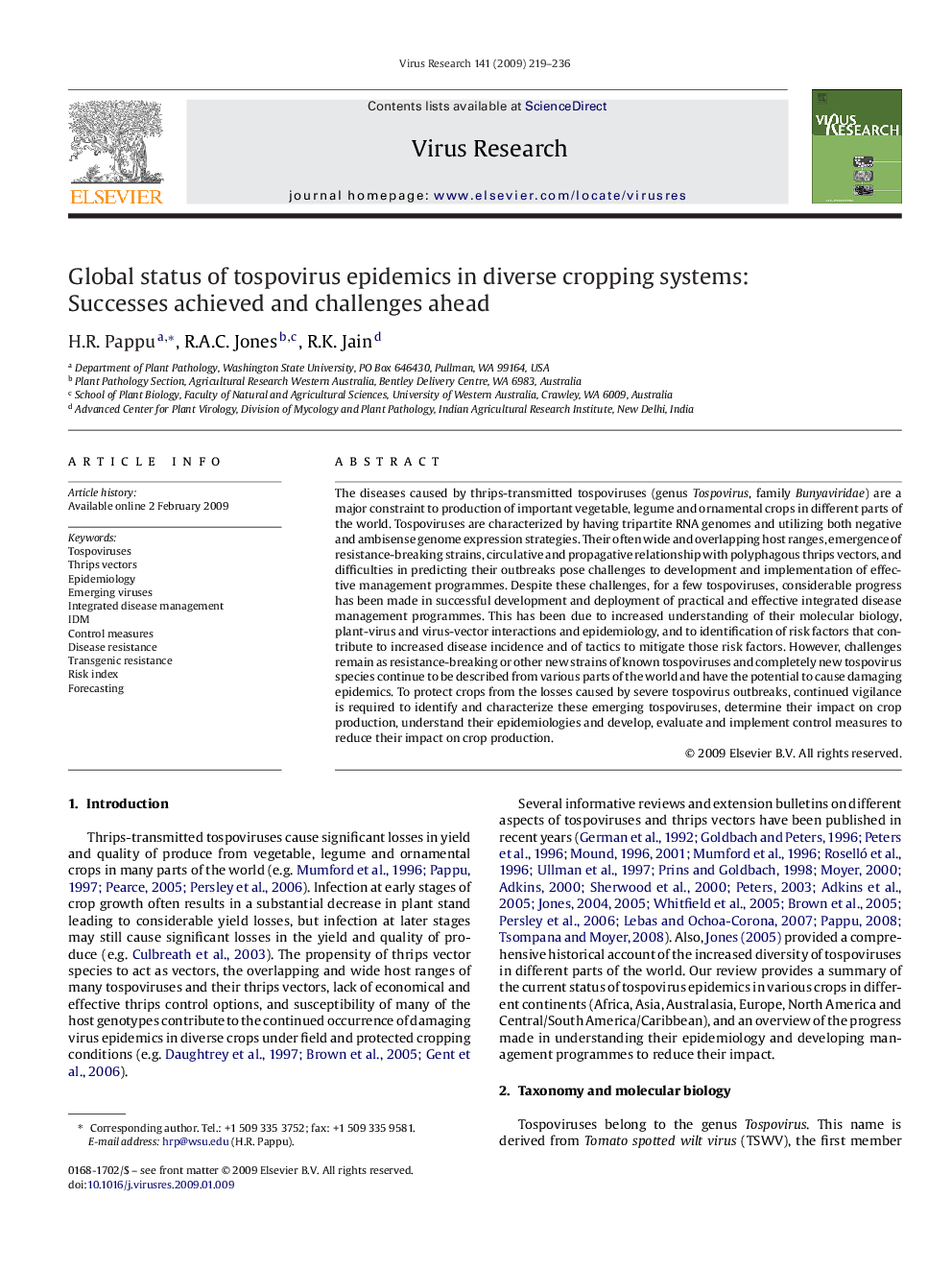 Global status of tospovirus epidemics in diverse cropping systems: Successes achieved and challenges ahead