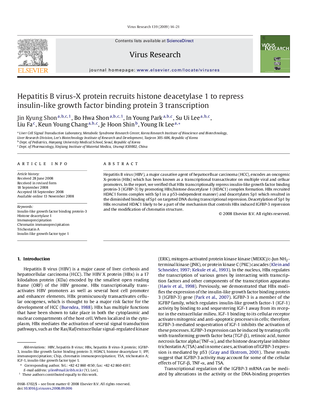 Hepatitis B virus-X protein recruits histone deacetylase 1 to repress insulin-like growth factor binding protein 3 transcription