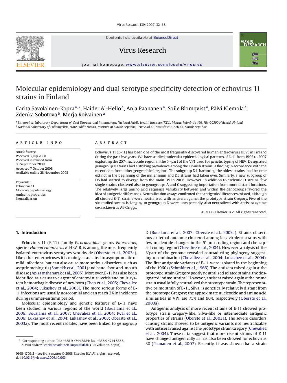 Molecular epidemiology and dual serotype specificity detection of echovirus 11 strains in Finland