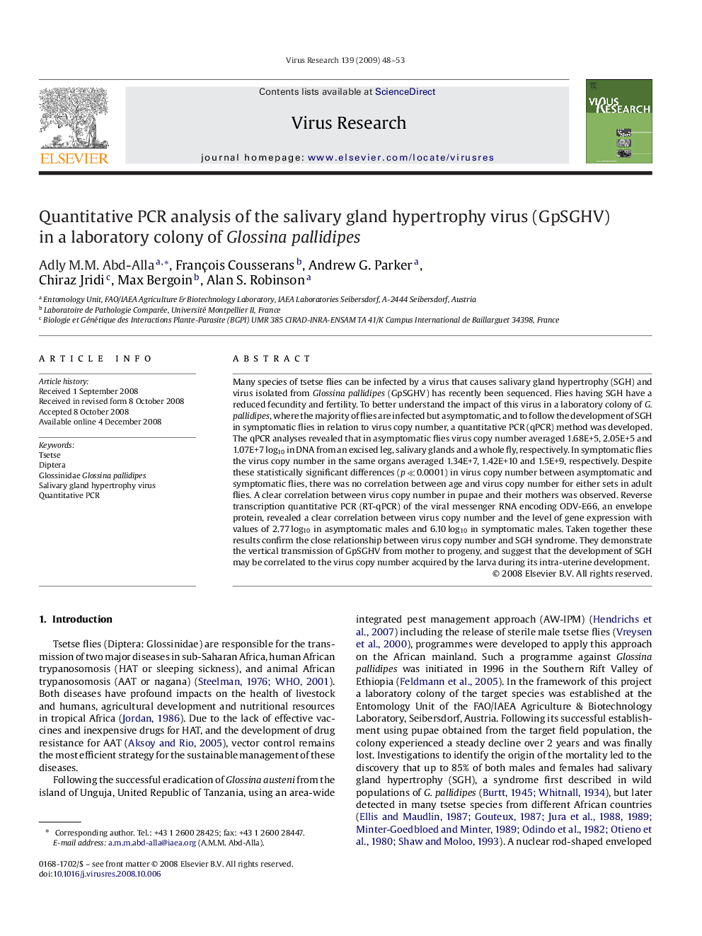 Quantitative PCR analysis of the salivary gland hypertrophy virus (GpSGHV) in a laboratory colony of Glossina pallidipes