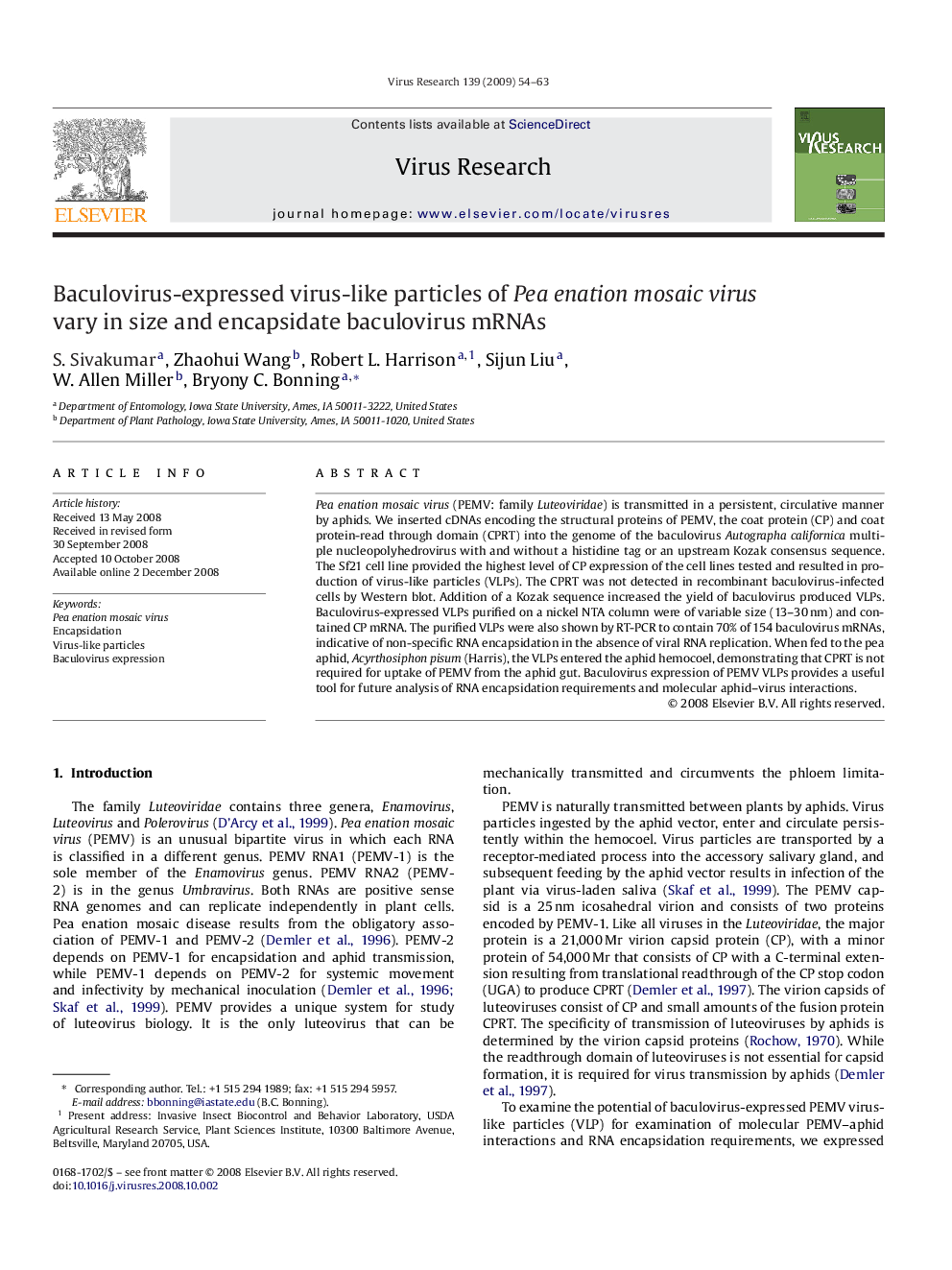 Baculovirus-expressed virus-like particles of Pea enation mosaic virus vary in size and encapsidate baculovirus mRNAs