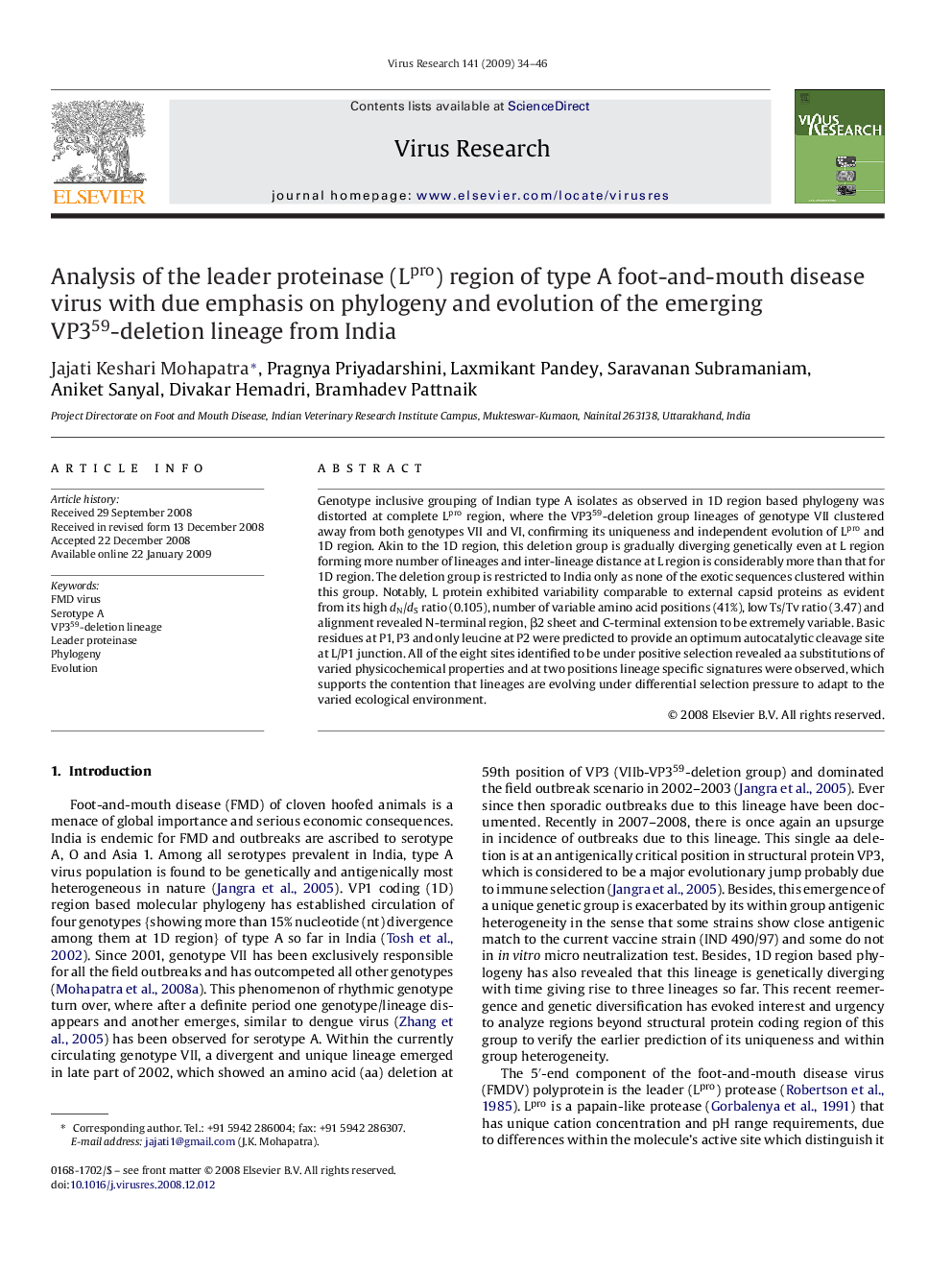 Analysis of the leader proteinase (Lpro) region of type A foot-and-mouth disease virus with due emphasis on phylogeny and evolution of the emerging VP359-deletion lineage from India