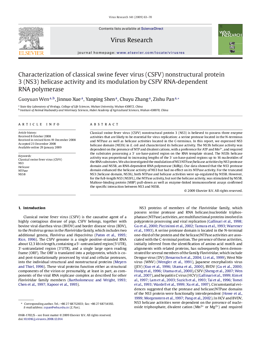 Characterization of classical swine fever virus (CSFV) nonstructural protein 3 (NS3) helicase activity and its modulation by CSFV RNA-dependent RNA polymerase