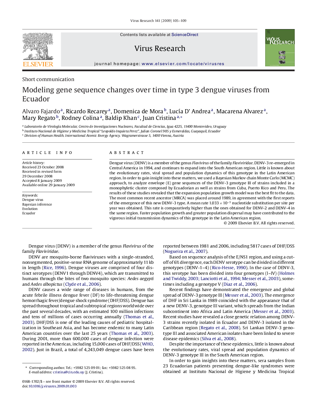 Modeling gene sequence changes over time in type 3 dengue viruses from Ecuador