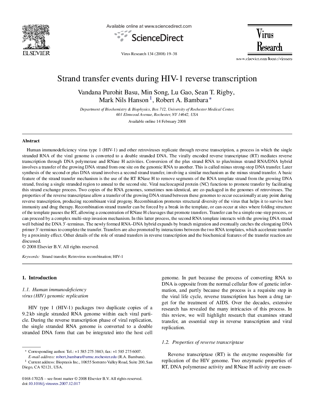 Strand transfer events during HIV-1 reverse transcription