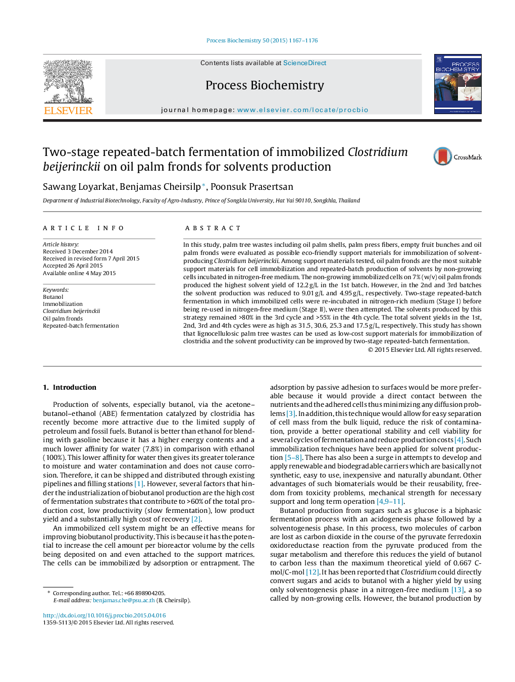 Two-stage repeated-batch fermentation of immobilized Clostridium beijerinckii on oil palm fronds for solvents production