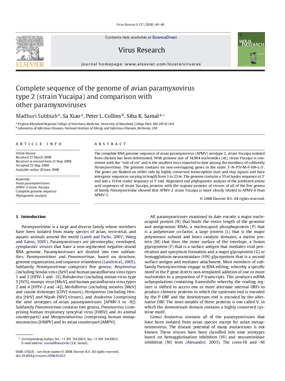 Complete sequence of the genome of avian paramyxovirus type 2 (strain Yucaipa) and comparison with other paramyxoviruses