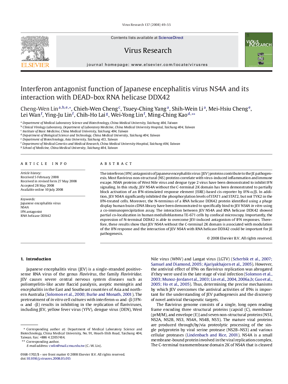 Interferon antagonist function of Japanese encephalitis virus NS4A and its interaction with DEAD-box RNA helicase DDX42