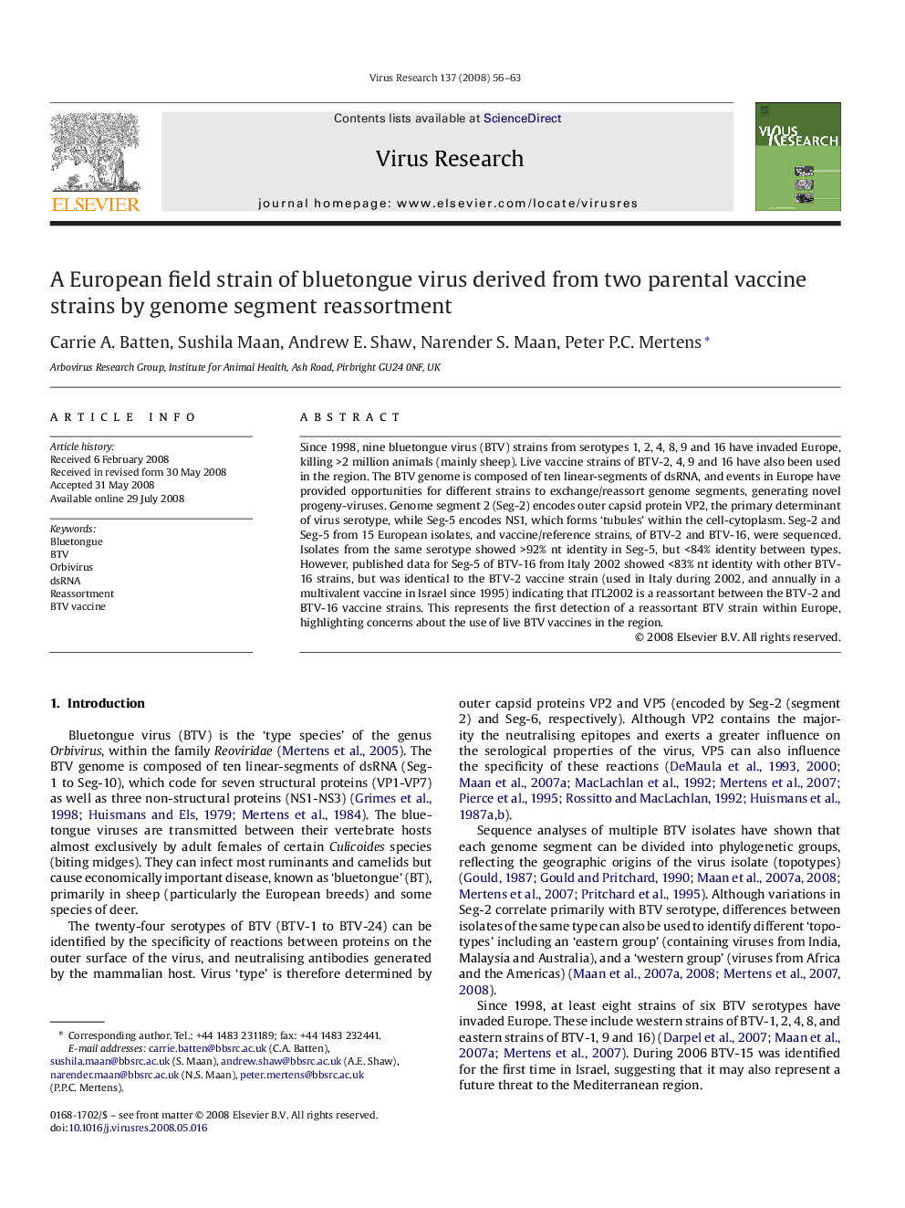 A European field strain of bluetongue virus derived from two parental vaccine strains by genome segment reassortment