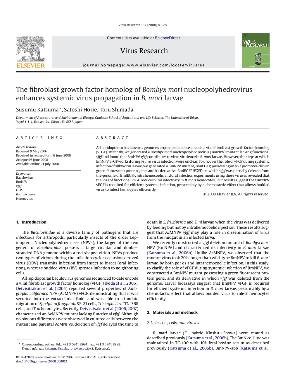 The fibroblast growth factor homolog of Bombyx mori nucleopolyhedrovirus enhances systemic virus propagation in B. mori larvae