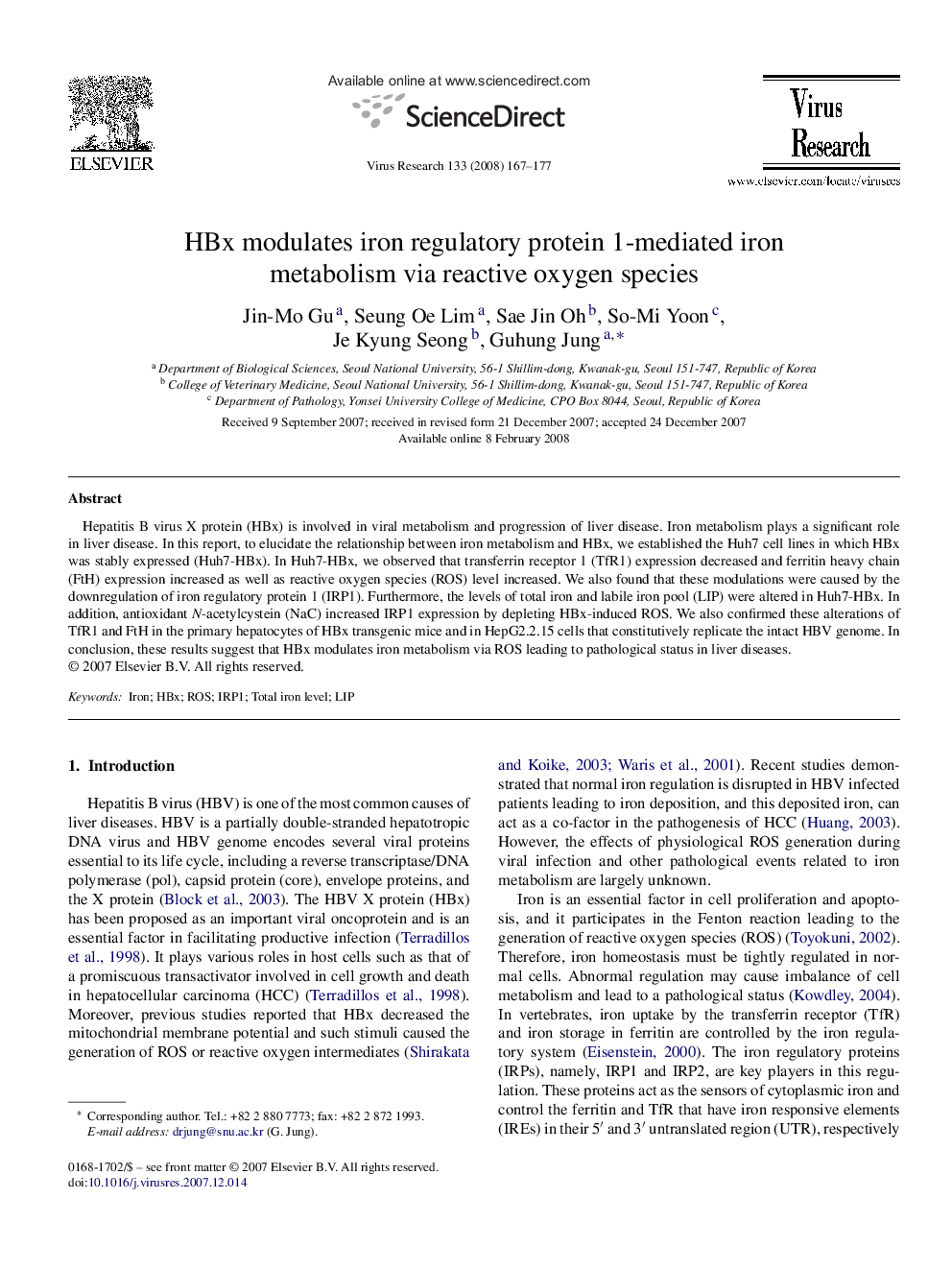 HBx modulates iron regulatory protein 1-mediated iron metabolism via reactive oxygen species