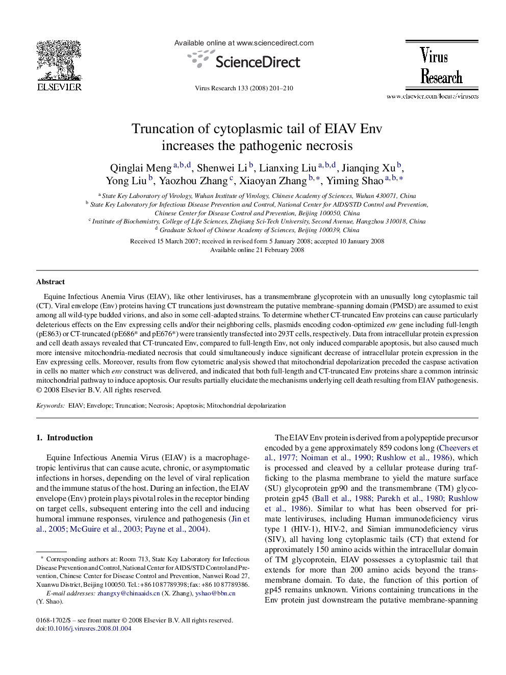 Truncation of cytoplasmic tail of EIAV Env increases the pathogenic necrosis