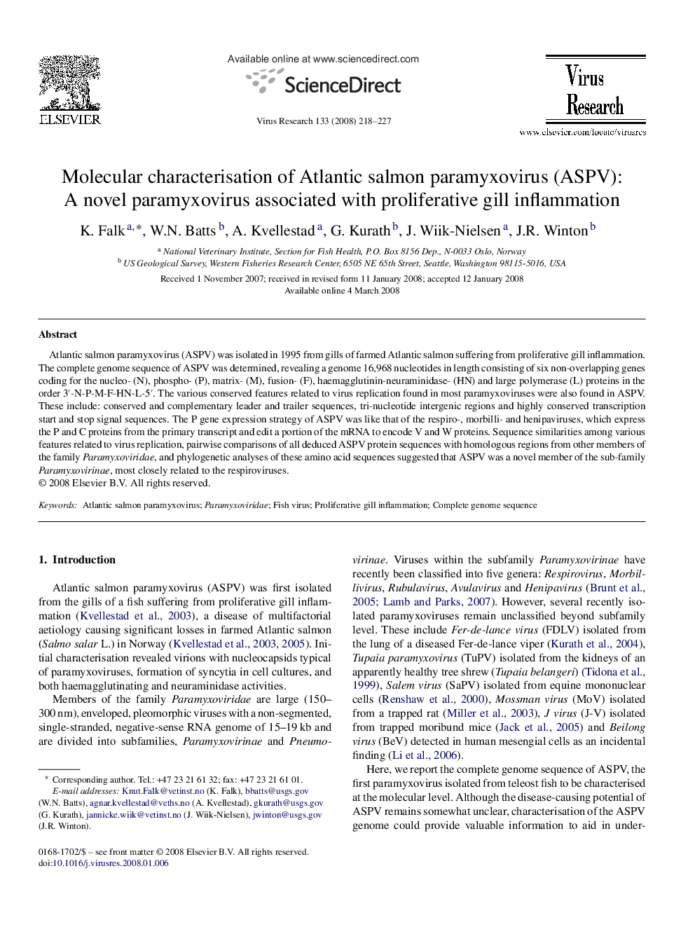 Molecular characterisation of Atlantic salmon paramyxovirus (ASPV): A novel paramyxovirus associated with proliferative gill inflammation