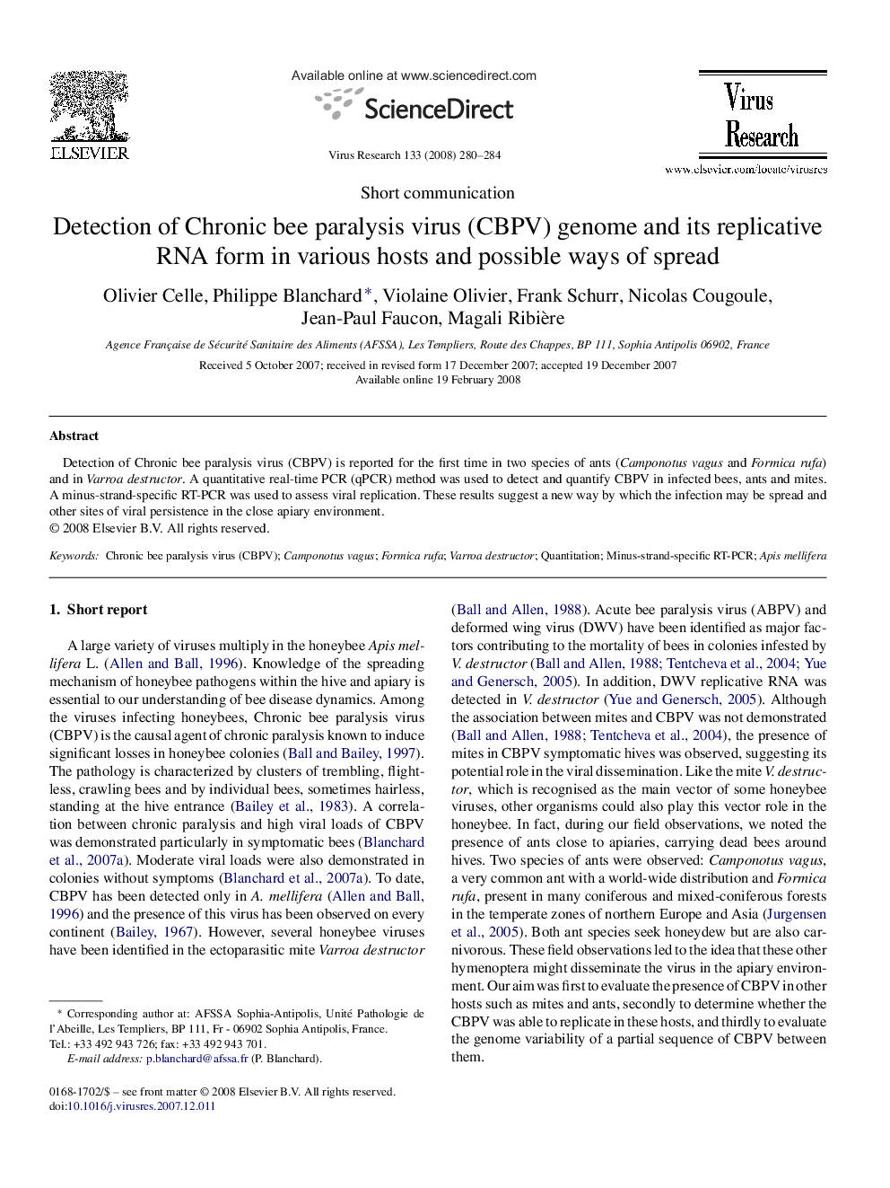 Detection of Chronic bee paralysis virus (CBPV) genome and its replicative RNA form in various hosts and possible ways of spread