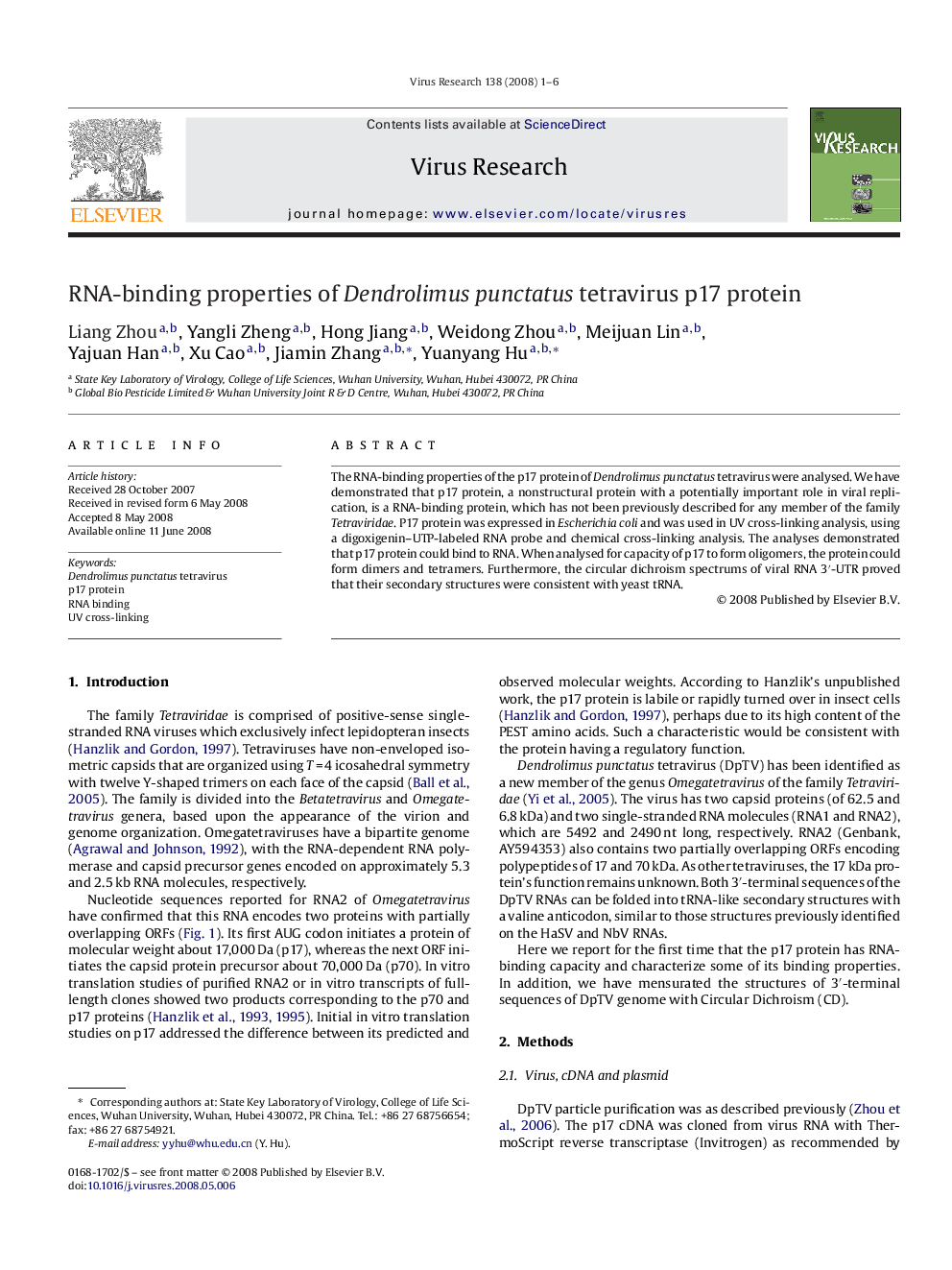 RNA-binding properties of Dendrolimus punctatus tetravirus p17 protein