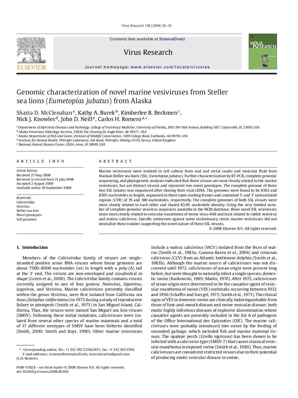 Genomic characterization of novel marine vesiviruses from Steller sea lions (Eumetopias jubatus) from Alaska