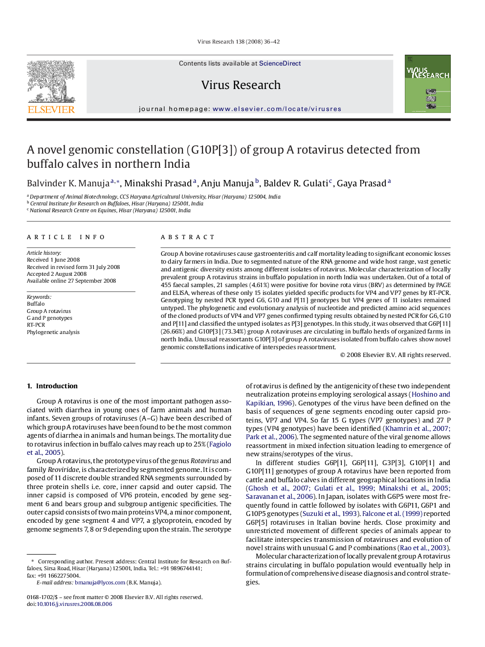 A novel genomic constellation (G10P[3]) of group A rotavirus detected from buffalo calves in northern India