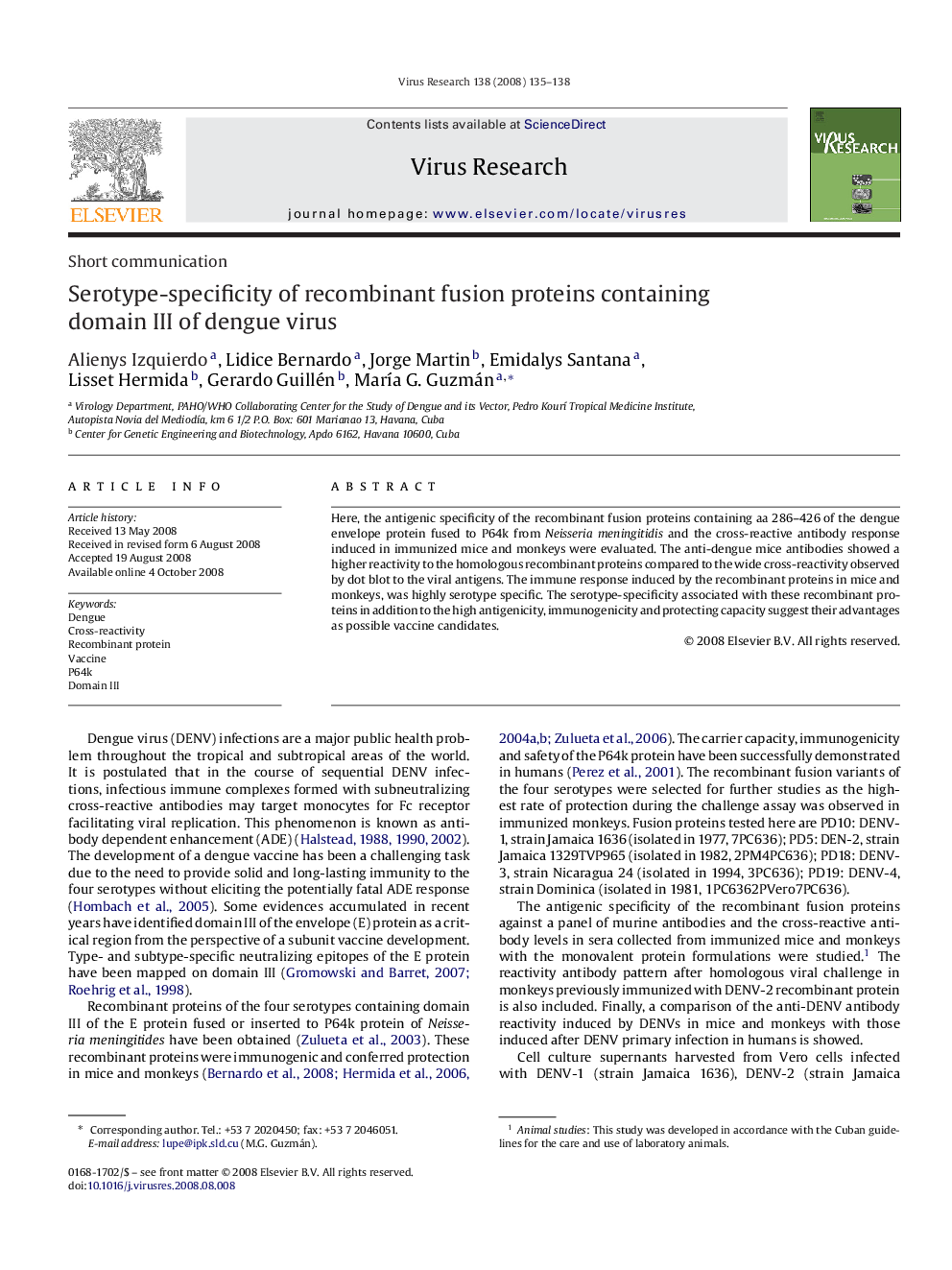 Serotype-specificity of recombinant fusion proteins containing domain III of dengue virus