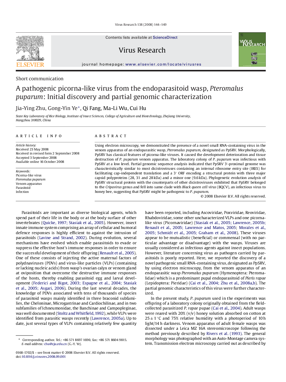 A pathogenic picorna-like virus from the endoparasitoid wasp, Pteromalus puparum: Initial discovery and partial genomic characterization