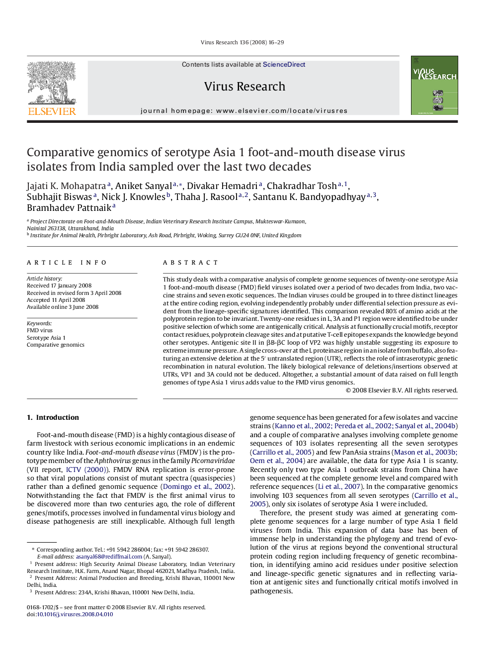 Comparative genomics of serotype Asia 1 foot-and-mouth disease virus isolates from India sampled over the last two decades