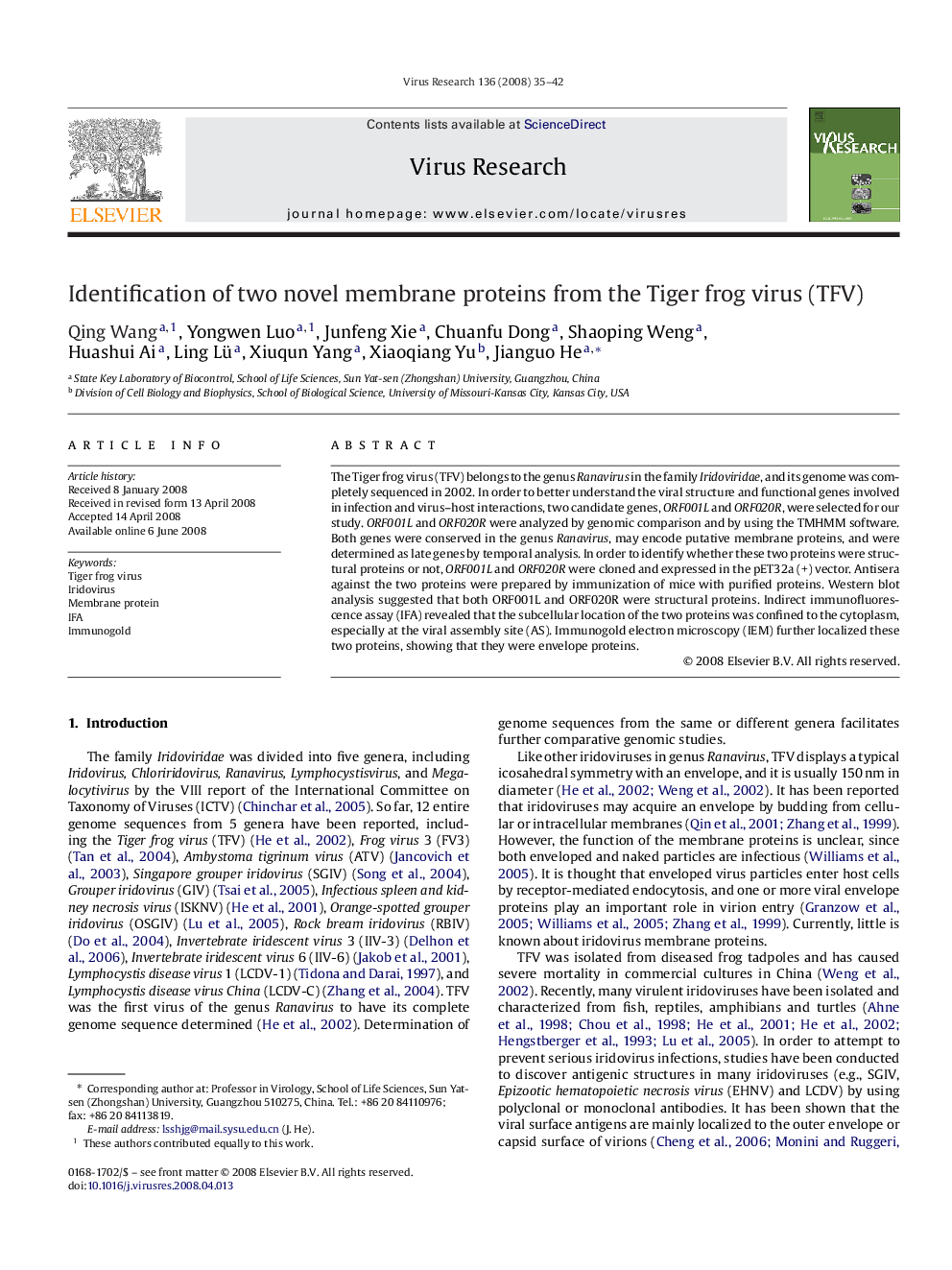 Identification of two novel membrane proteins from the Tiger frog virus (TFV)