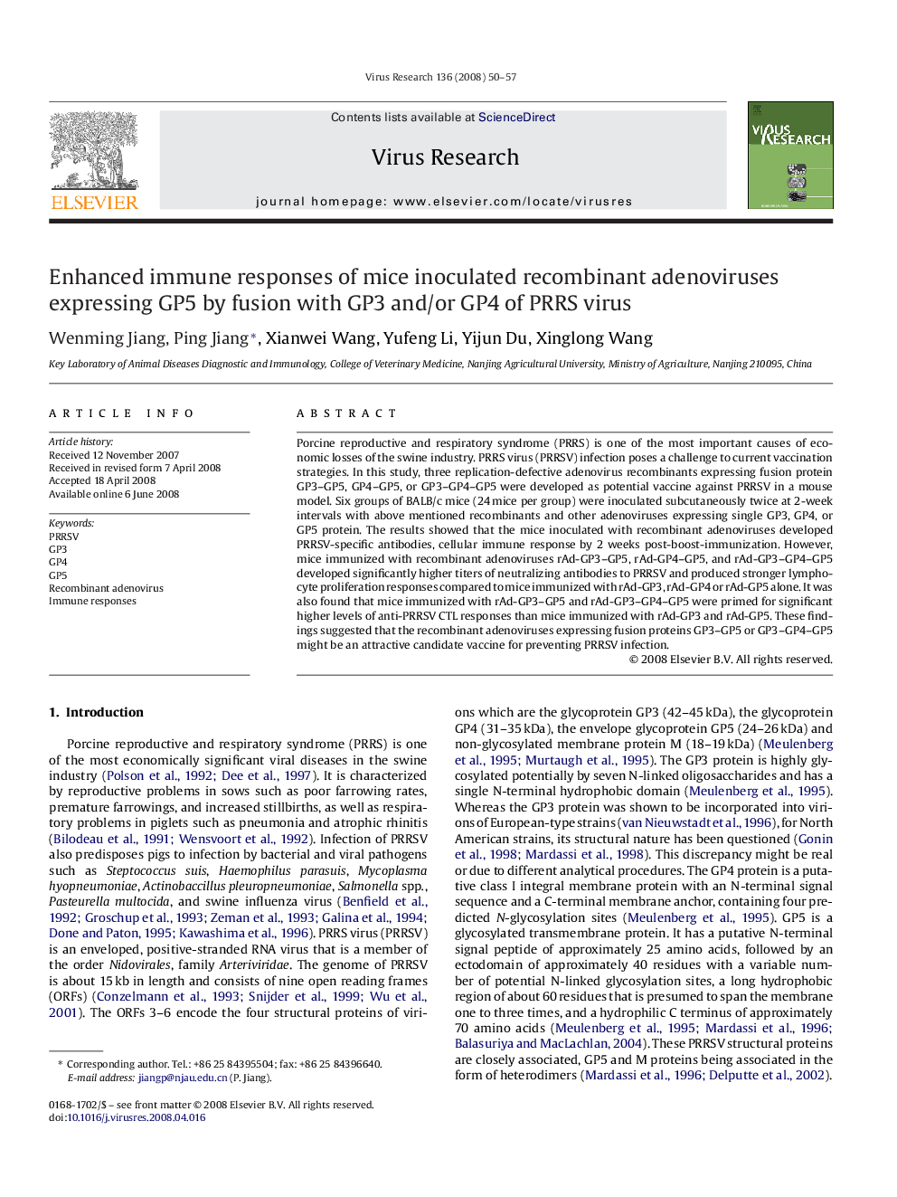 Enhanced immune responses of mice inoculated recombinant adenoviruses expressing GP5 by fusion with GP3 and/or GP4 of PRRS virus