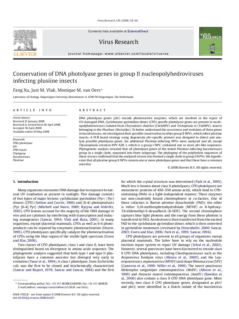 Conservation of DNA photolyase genes in group II nucleopolyhedroviruses infecting plusiine insects