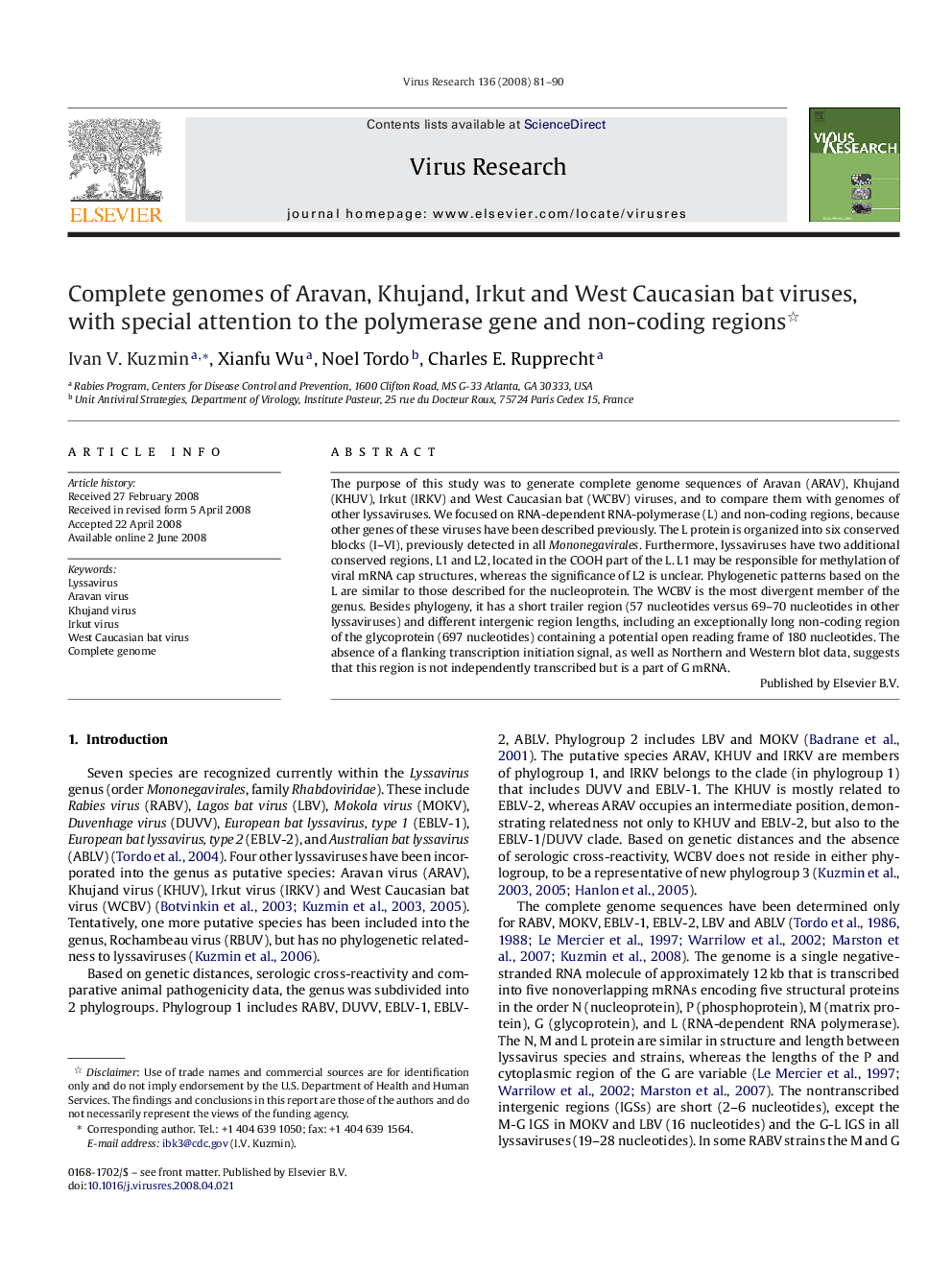 Complete genomes of Aravan, Khujand, Irkut and West Caucasian bat viruses, with special attention to the polymerase gene and non-coding regions 