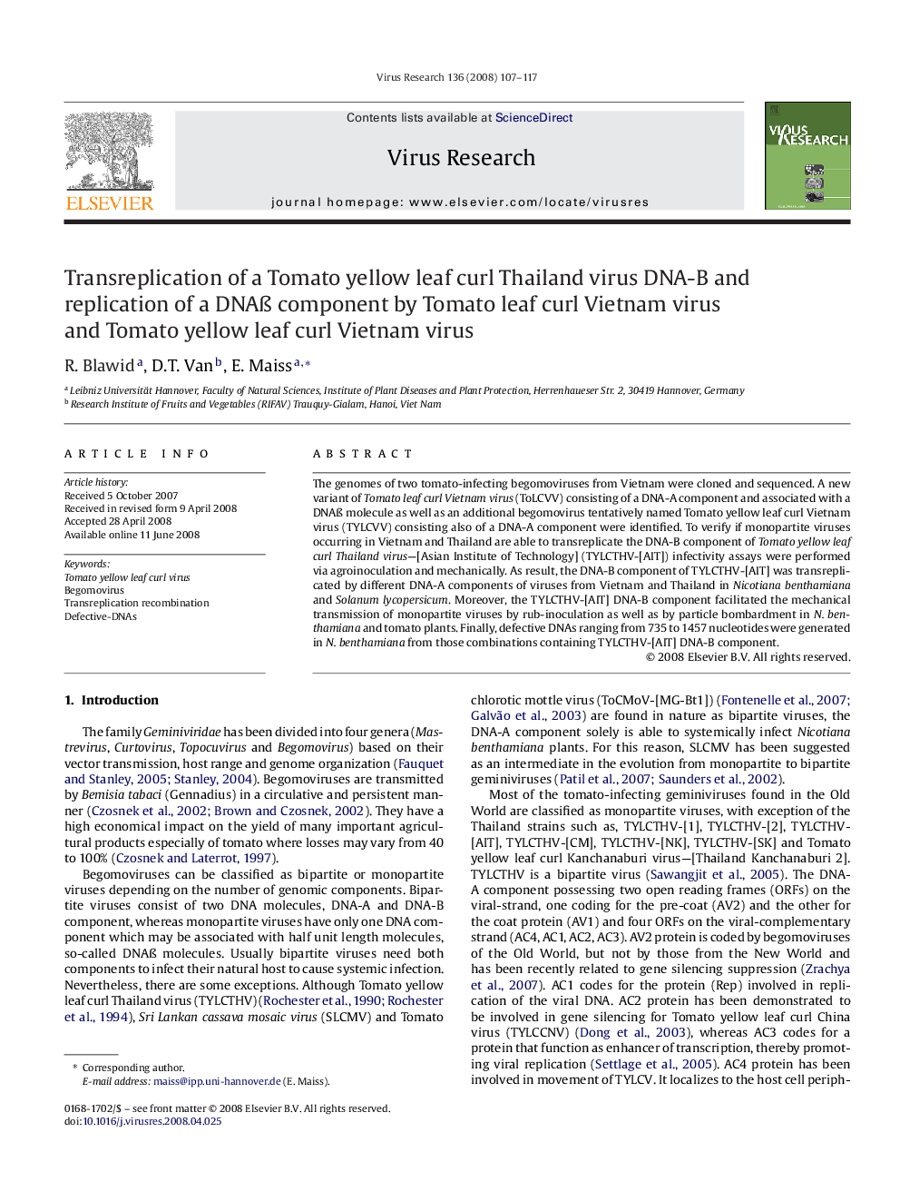 Transreplication of a Tomato yellow leaf curl Thailand virus DNA-B and replication of a DNAß component by Tomato leaf curl Vietnam virus and Tomato yellow leaf curl Vietnam virus