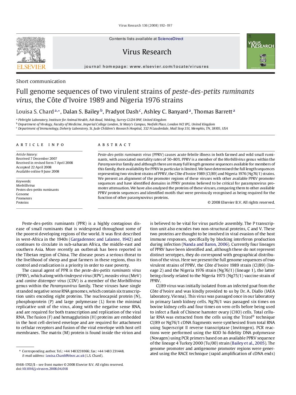 Full genome sequences of two virulent strains of peste-des-petits ruminants virus, the Côte d’Ivoire 1989 and Nigeria 1976 strains