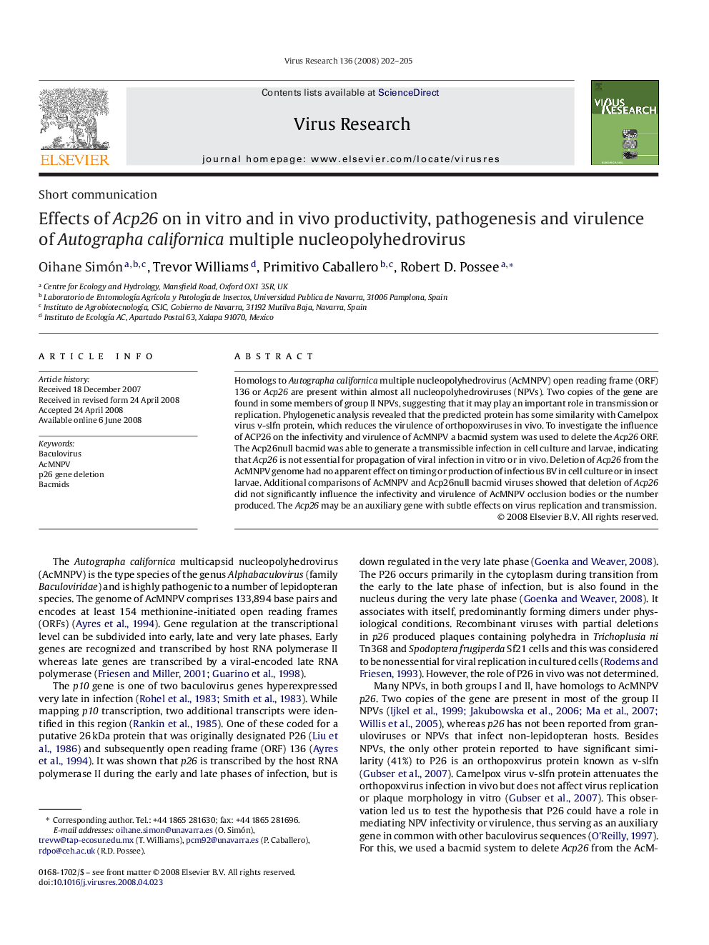 Effects of Acp26 on in vitro and in vivo productivity, pathogenesis and virulence of Autographa californica multiple nucleopolyhedrovirus