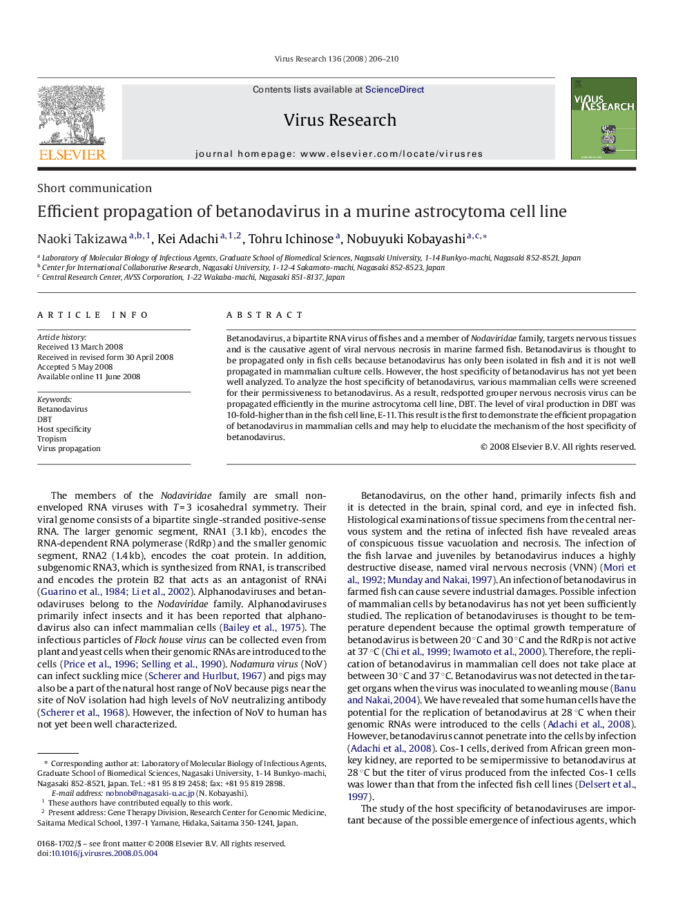 Efficient propagation of betanodavirus in a murine astrocytoma cell line