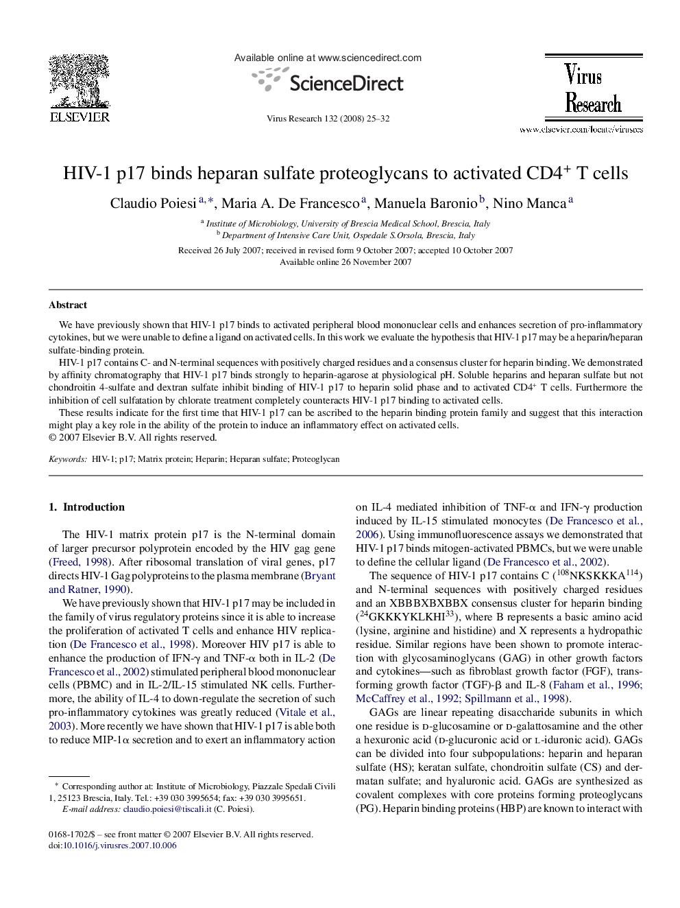 HIV-1 p17 binds heparan sulfate proteoglycans to activated CD4+ T cells