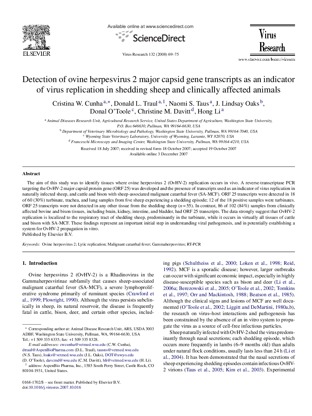 Detection of ovine herpesvirus 2 major capsid gene transcripts as an indicator of virus replication in shedding sheep and clinically affected animals