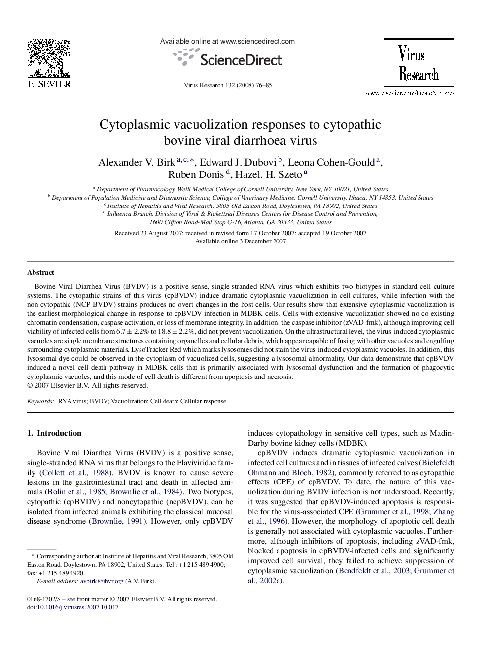 Cytoplasmic vacuolization responses to cytopathic bovine viral diarrhoea virus