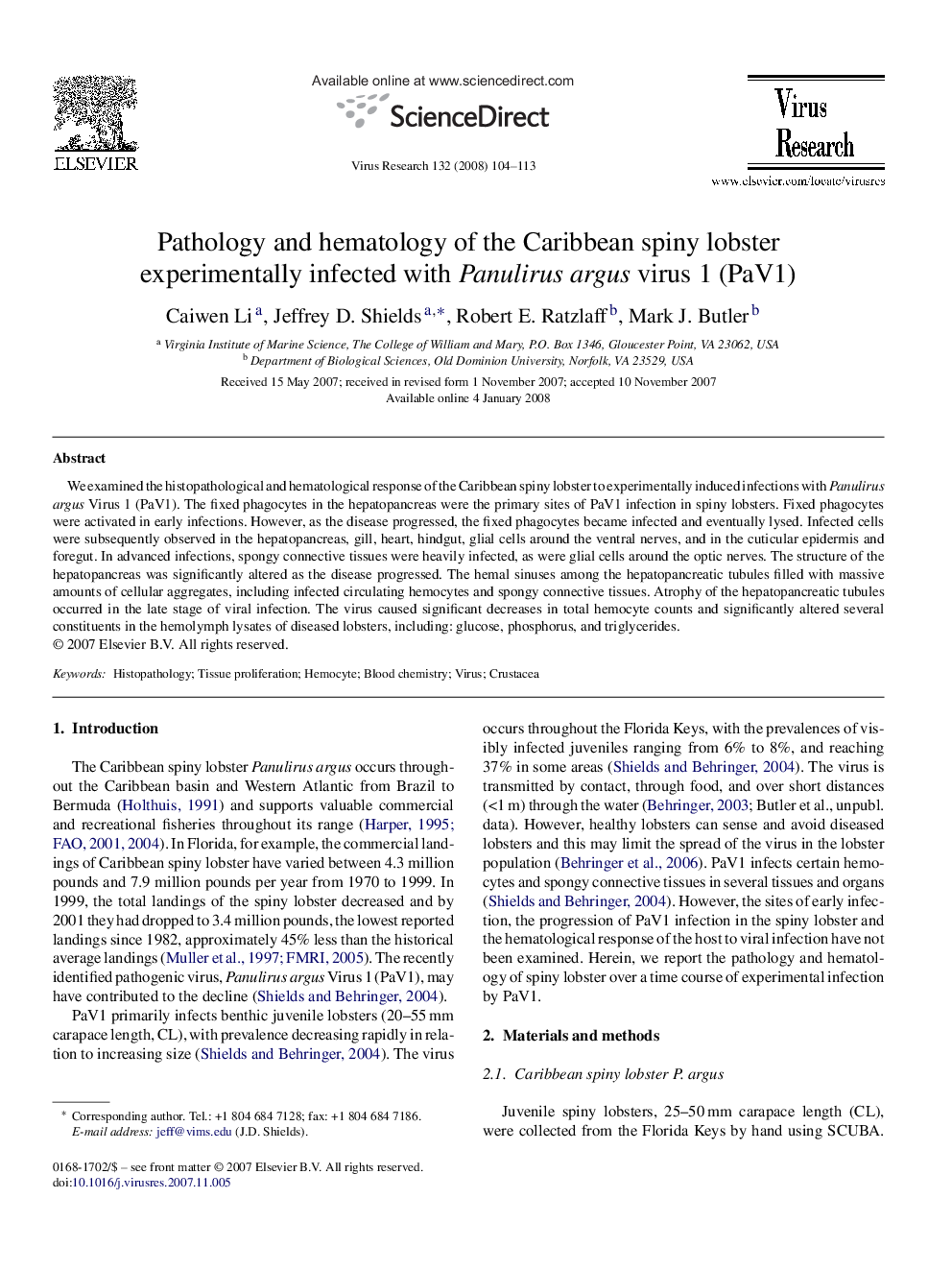 Pathology and hematology of the Caribbean spiny lobster experimentally infected with Panulirus argus virus 1 (PaV1)