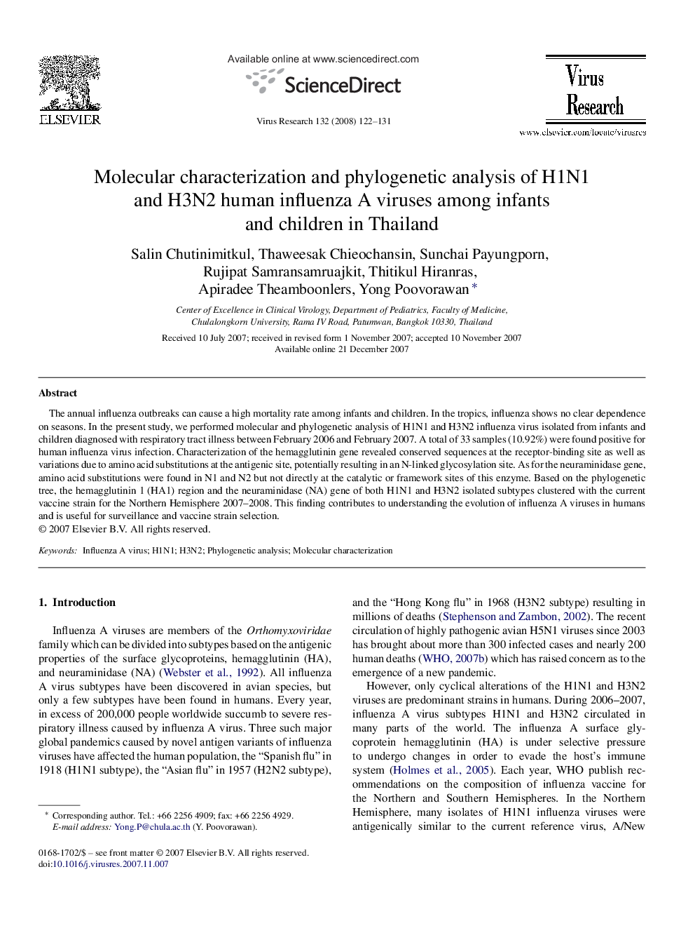 Molecular characterization and phylogenetic analysis of H1N1 and H3N2 human influenza A viruses among infants and children in Thailand