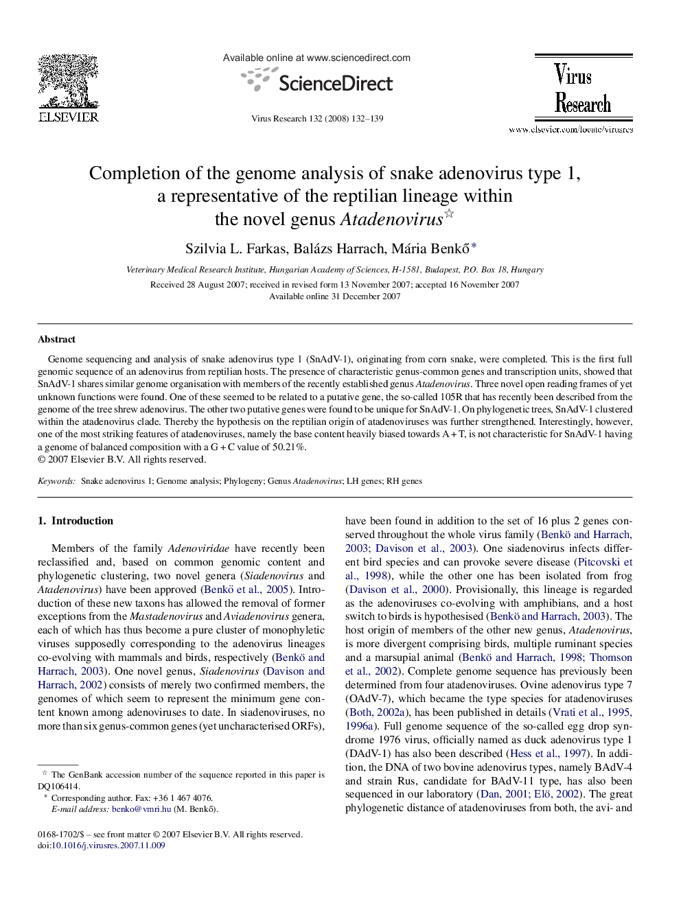 Completion of the genome analysis of snake adenovirus type 1, a representative of the reptilian lineage within the novel genus Atadenovirus 