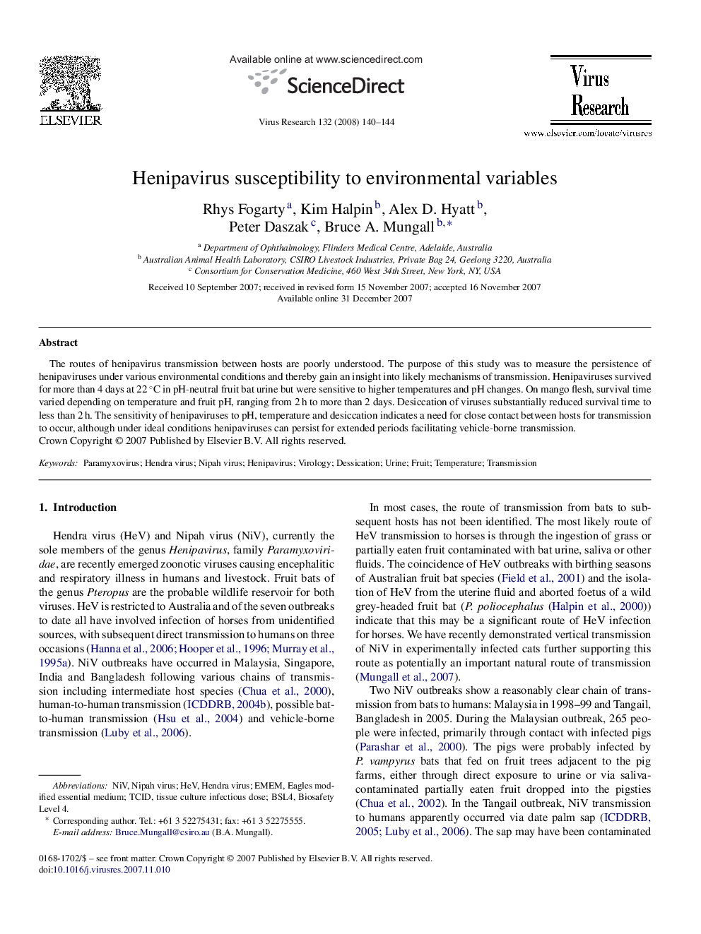 Henipavirus susceptibility to environmental variables