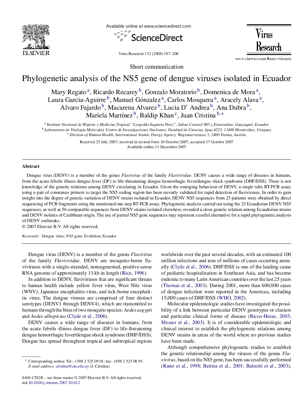 Phylogenetic analysis of the NS5 gene of dengue viruses isolated in Ecuador