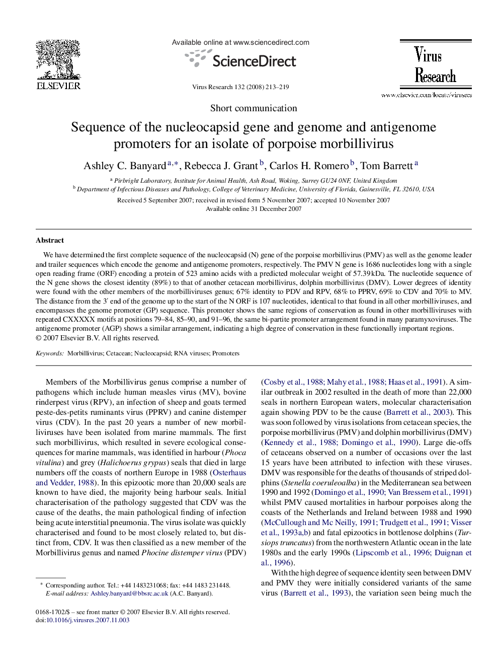 Sequence of the nucleocapsid gene and genome and antigenome promoters for an isolate of porpoise morbillivirus