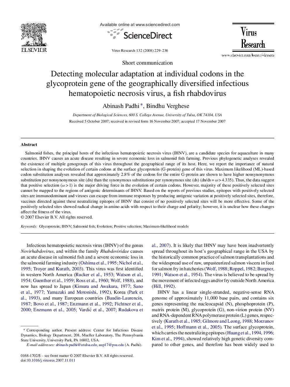 Detecting molecular adaptation at individual codons in the glycoprotein gene of the geographically diversified infectious hematopoietic necrosis virus, a fish rhabdovirus