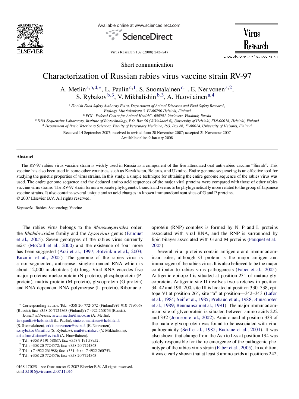 Characterization of Russian rabies virus vaccine strain RV-97