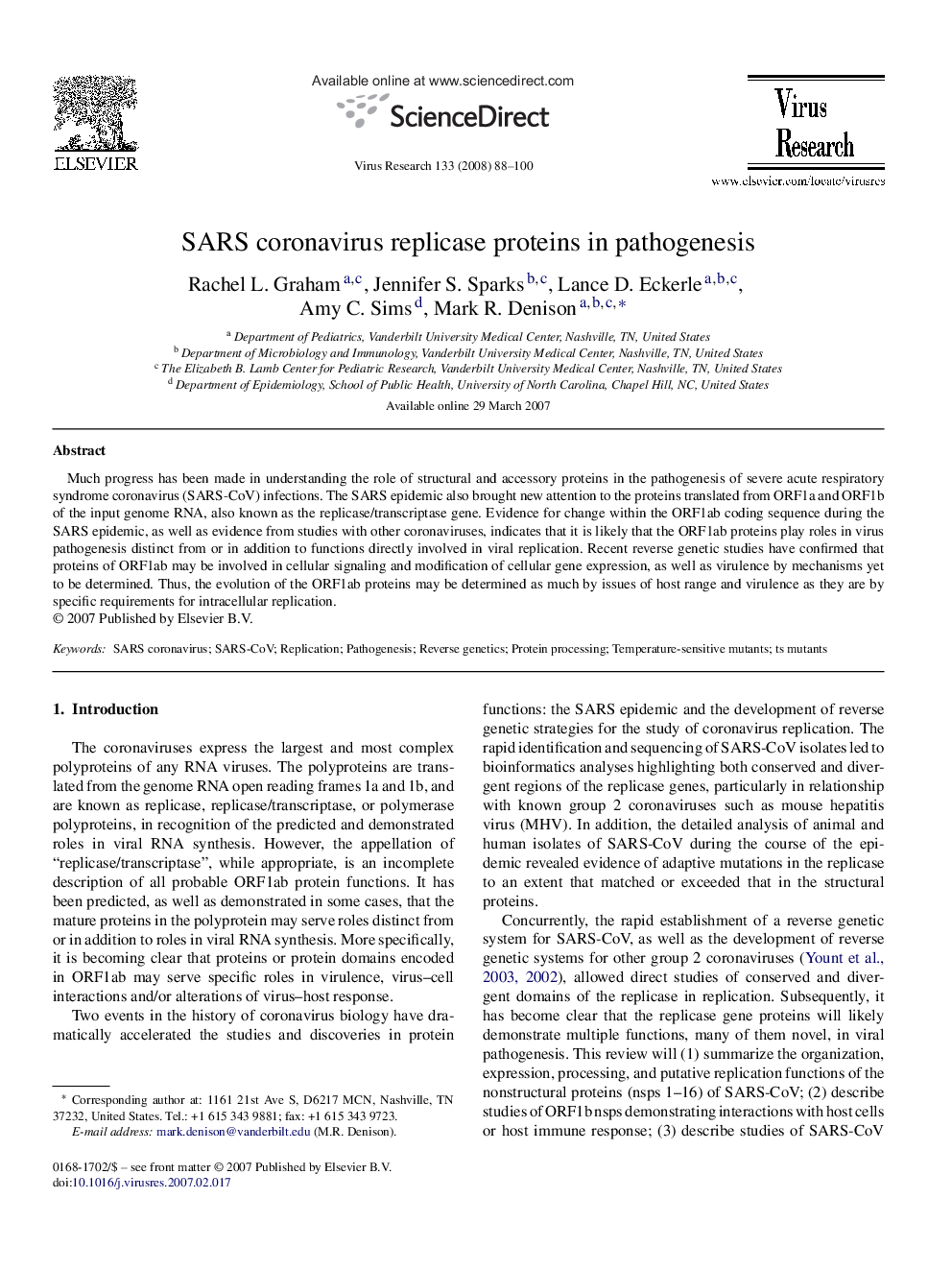 SARS coronavirus replicase proteins in pathogenesis