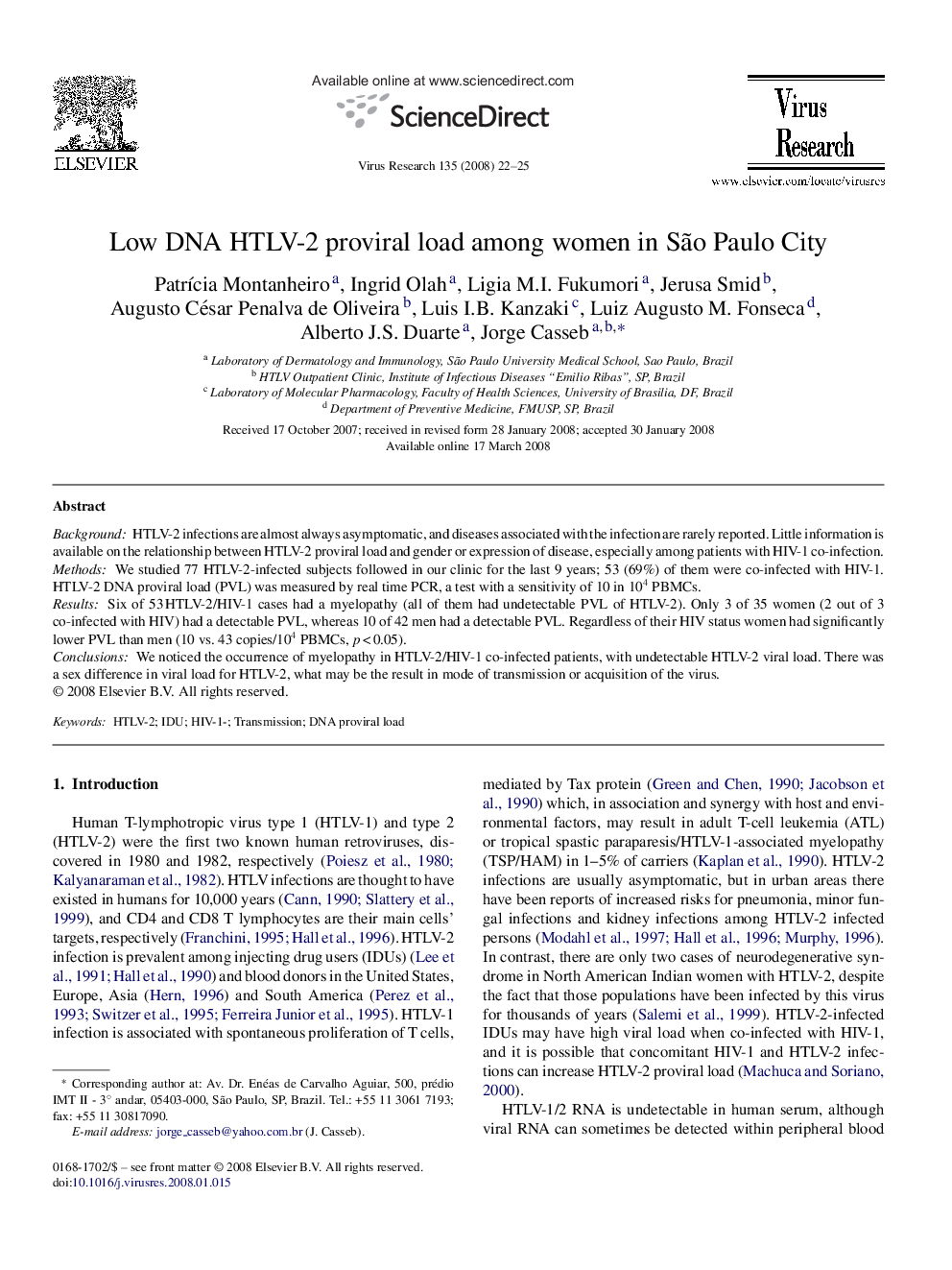 Low DNA HTLV-2 proviral load among women in São Paulo City