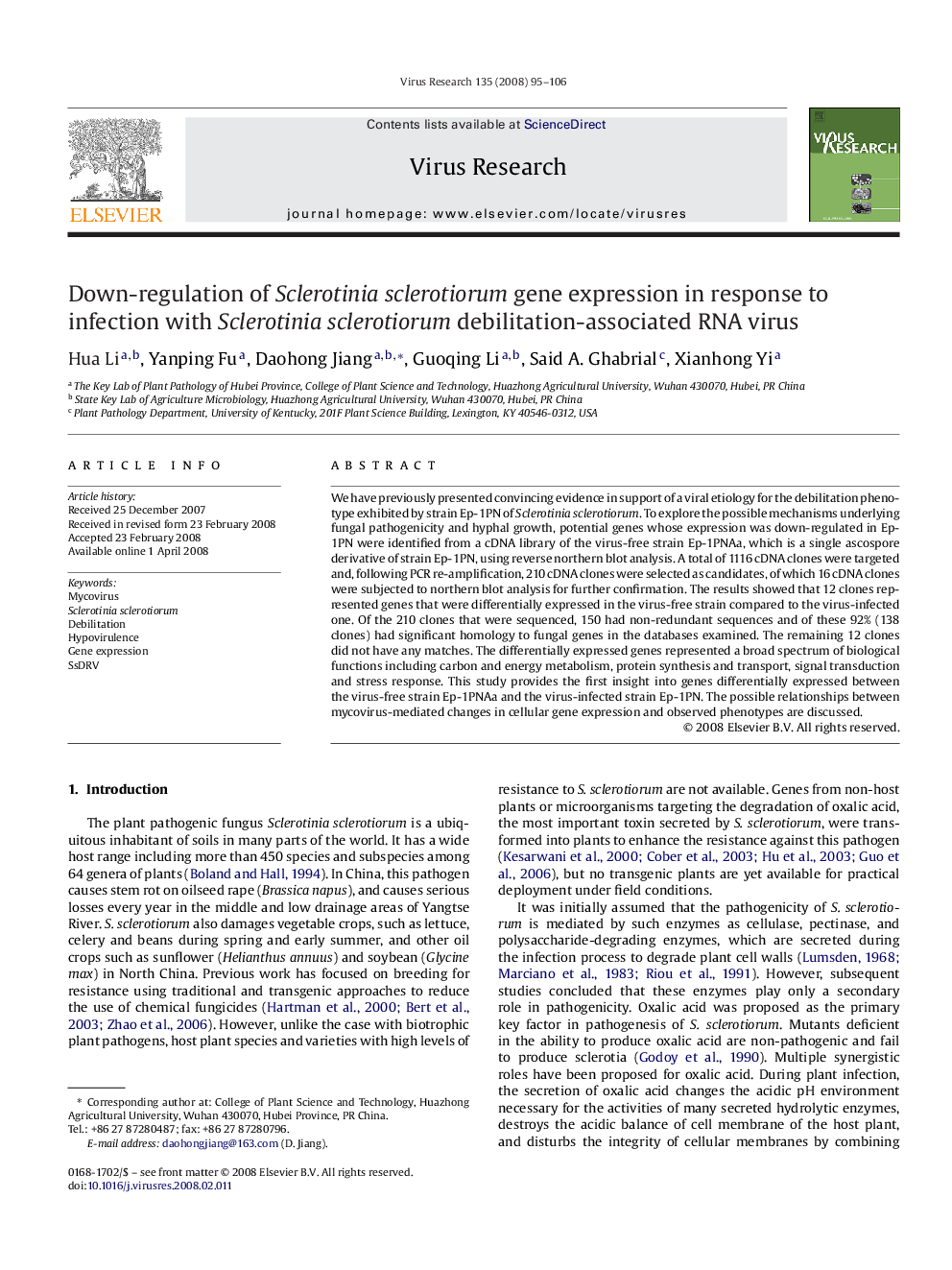 Down-regulation of Sclerotinia sclerotiorum gene expression in response to infection with Sclerotinia sclerotiorum debilitation-associated RNA virus